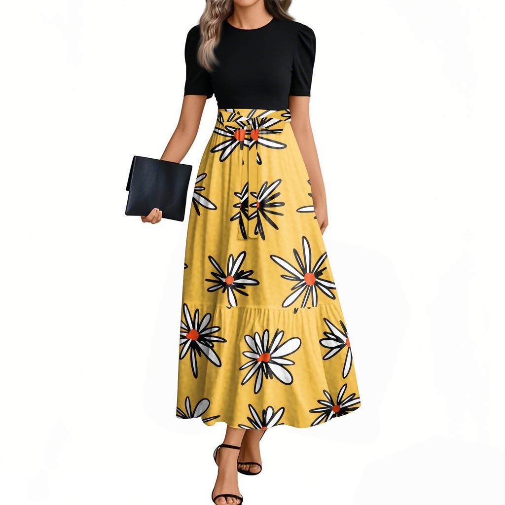 Женское модное повседневное платье с коротким рукавом и круглым вырезом с цветочной вышивкой, элегантное, темпераментное