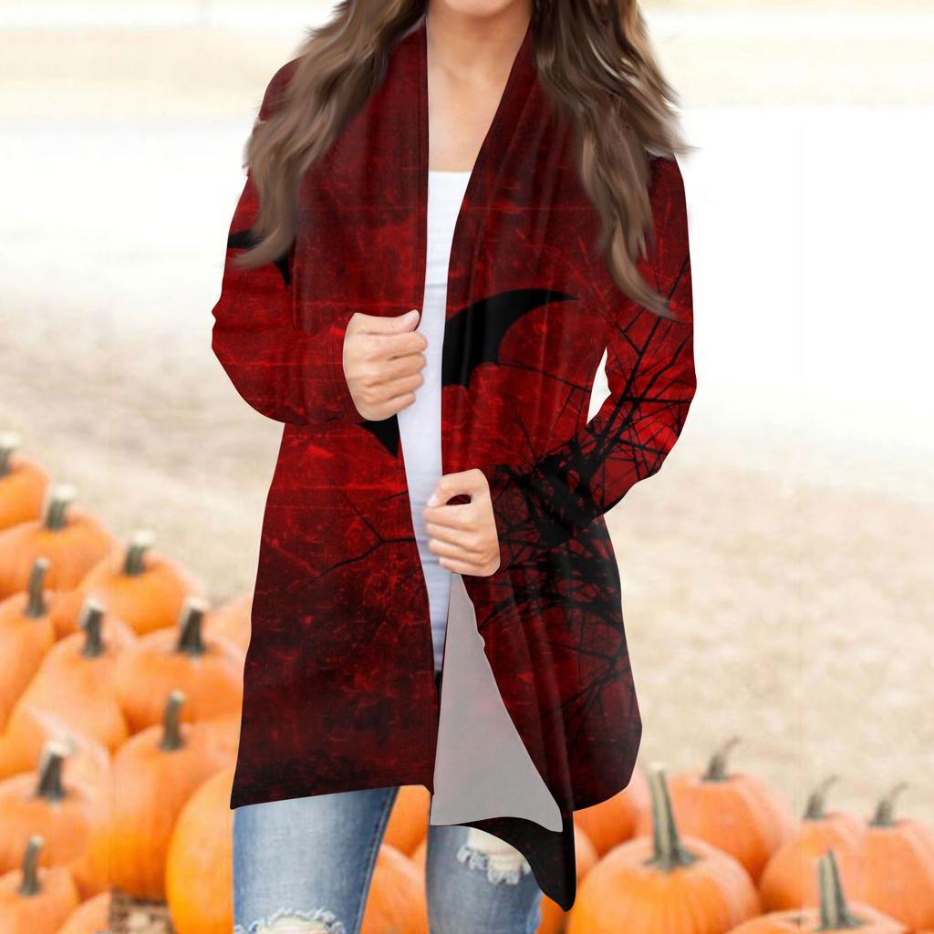 Женская модная повседневная куртка-кардиган средней длины с длинным рукавом и принтом на Хэллоуин