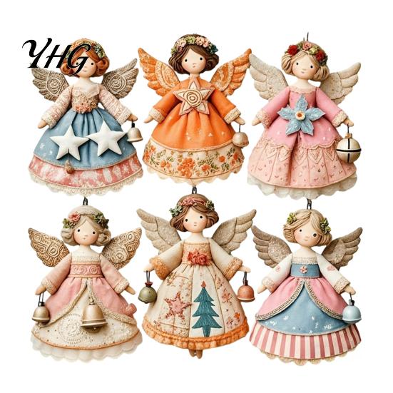 Indoor Party Ornament Set 6Pcs Vintage Angel Wooden Ornaments, Christmas Hanging Decor Interior Door Frame Decorations with Jute String, Rustic