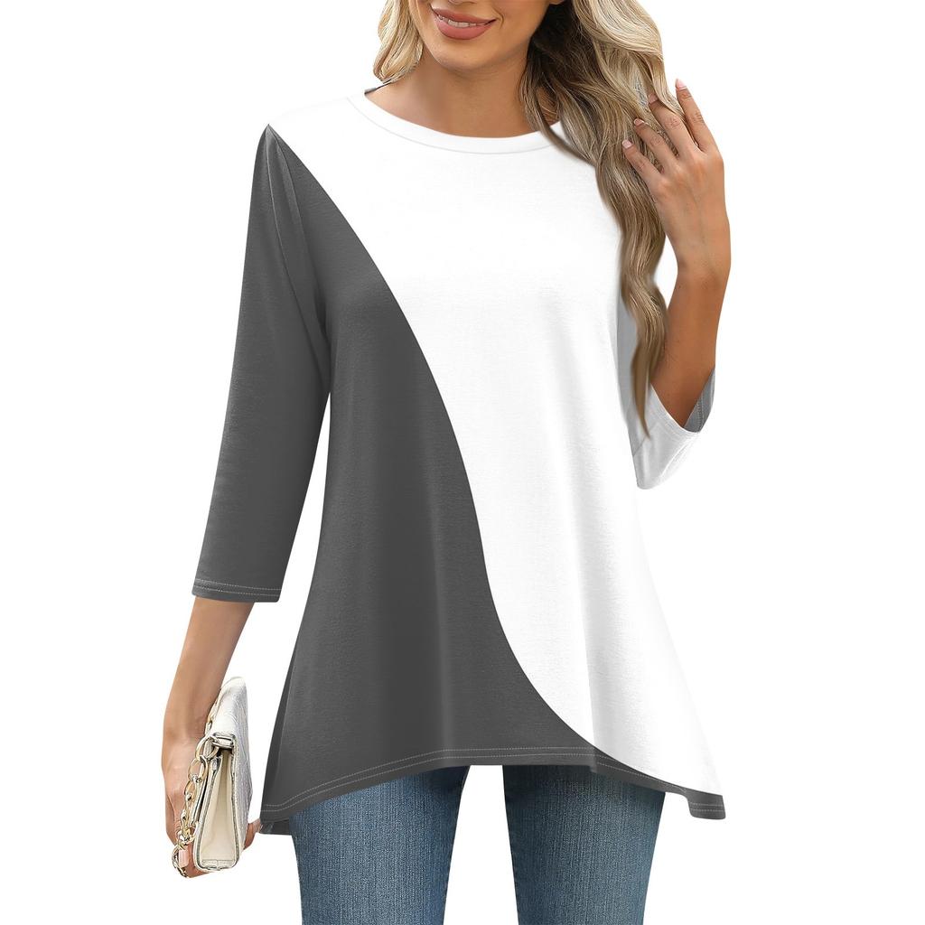 3/4 рукав туника топы для женщин принтованный повседневный выходной свободный крой модная базовая футболка с круглым вырезом