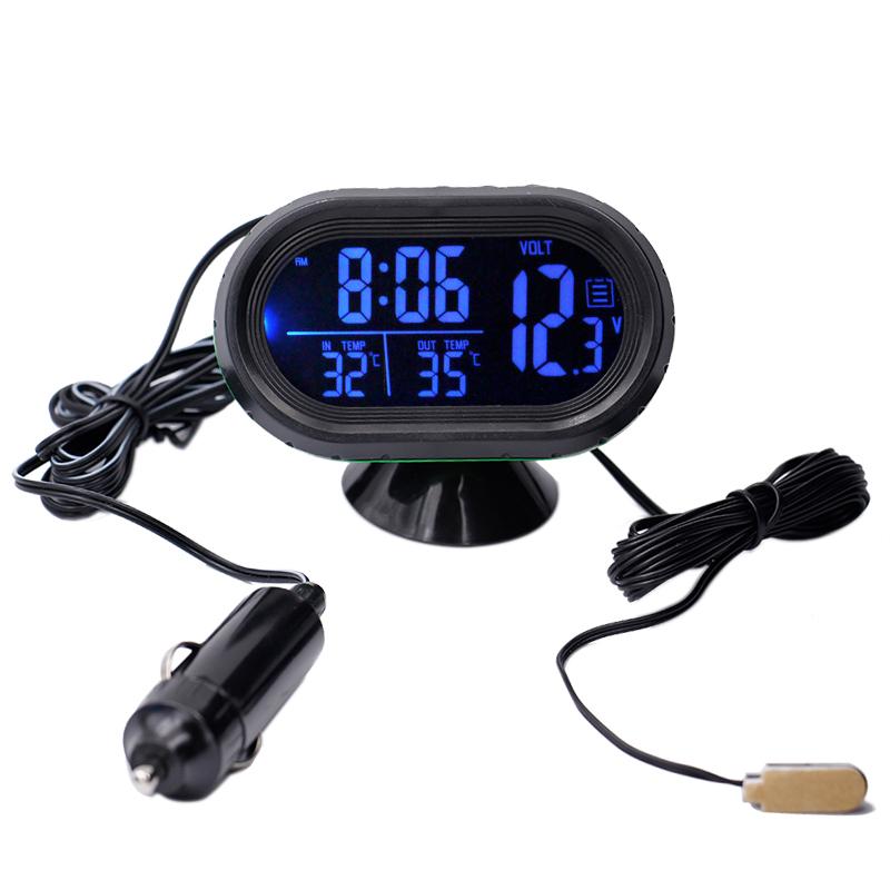 Digital Car Thermometer Temperature Monitor Car Ornament Luminous Clock Voltmeter DC 12v-24v Time Date Dual Display Freeze Alert