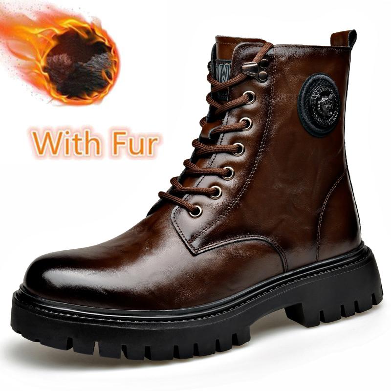 Genuine Leather Platform Boots High Top Motorcycle Shoes Fashion Punk Mid-Calf Boots Luxury Brand Mens Winter Plush Snow Botas
