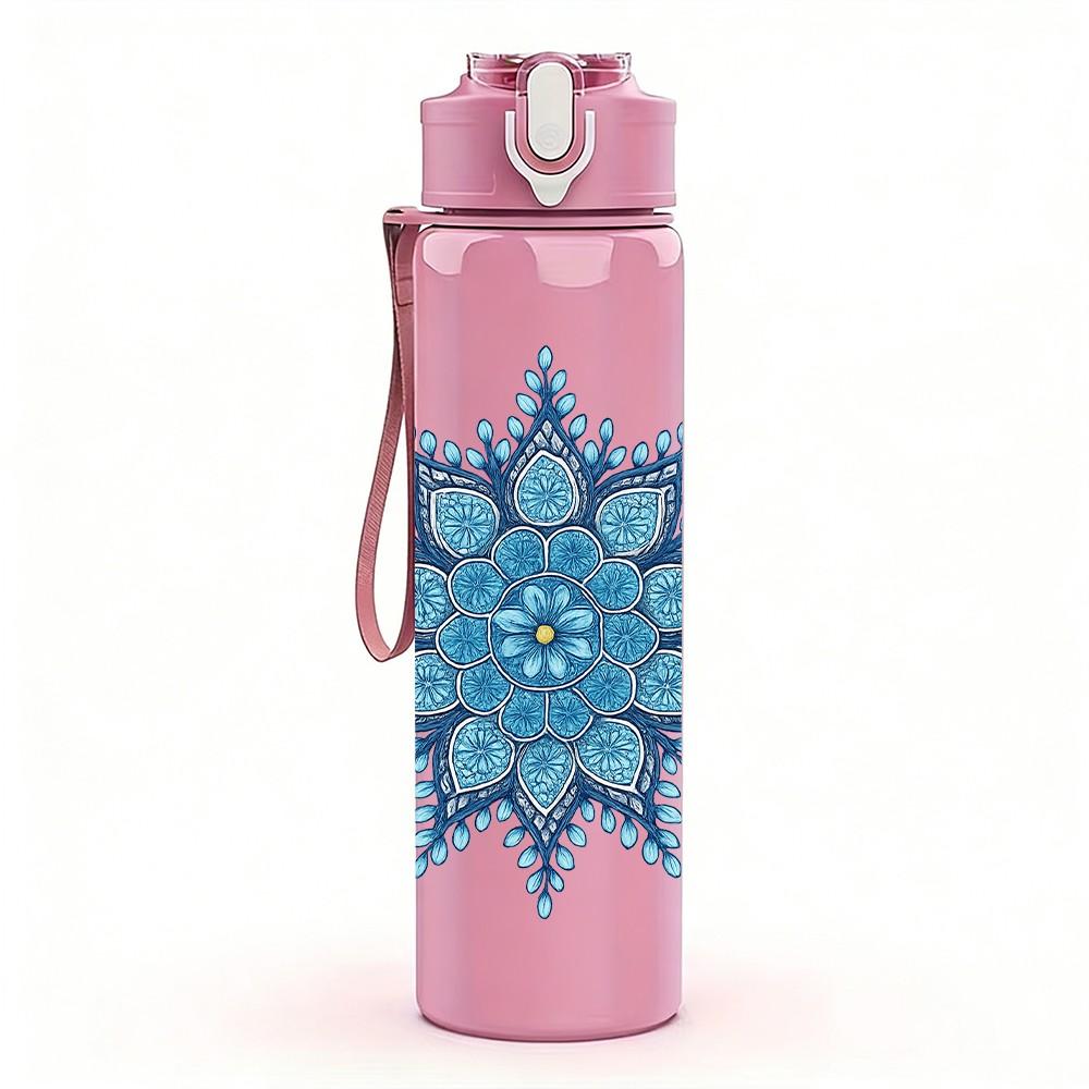 1PC Blue Snowflake Mandala Design 750ml Color Plastic Sports Water Bottle Leakproof Flip Straw Lid Suitable for Sports Office Home Use