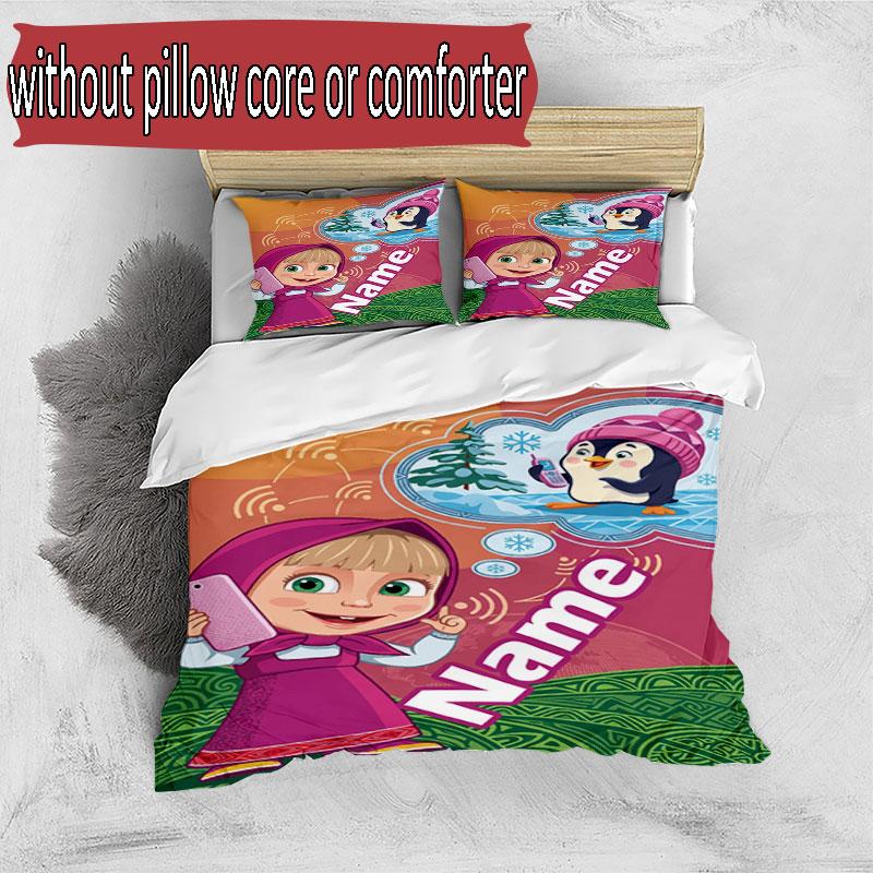 3pcs Duvet Cover Set (1*Duvet Cover + 2*Pillowcase, Without Core), Custom Name Masha and the Bear Pattern Bedding Set, Home Bedroom Decor Gift