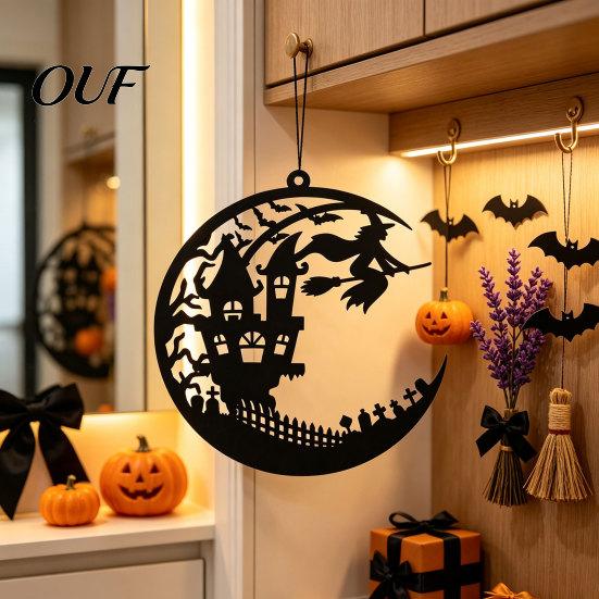 Halloween Witch Decoration Metal Decoration, Hollow Castle Hanging Ornament, Broom Holiday Ornament Table Sign for Party Haunted House Decor Spooky