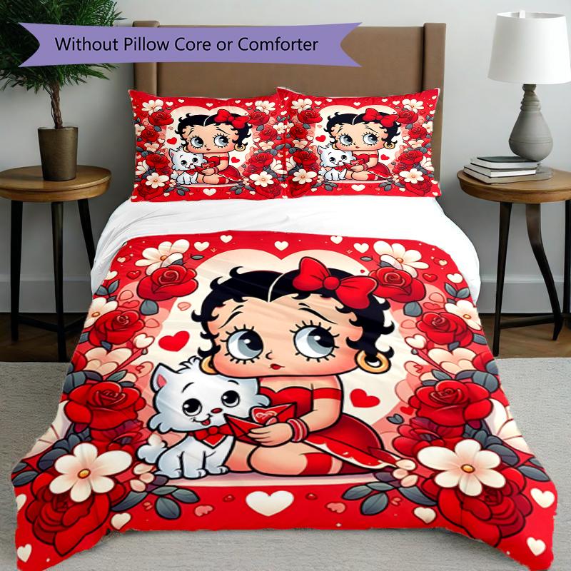 3pcs Duvet Cover Set (1*Duvet Cover + 2*Pillowcase, Without Core),Betty Boop Print Bedding Set, Bedroom Decor, All‑Season, Birthday Gift