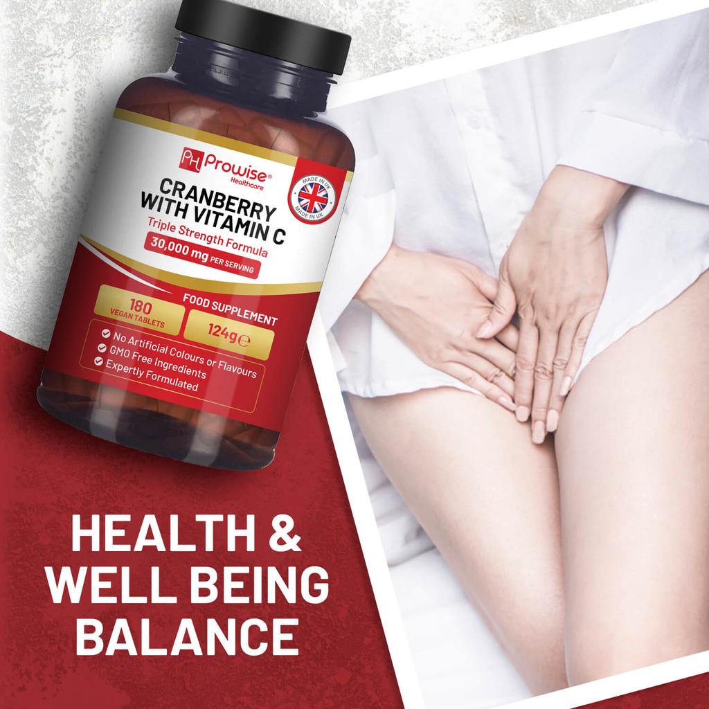 Клюква тройной силы 30 000 мг с добавлением витамина С I 180 веганских таблеток I Поддержка ИМП для женщин Сделано в Великобритании компанией Prowise