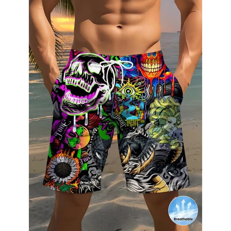 Модные Мужские Пляжные Шорты с Принтом Черепа 3D Графические Boardshorts Для Отпуска Уличная Мода Летние Повседневные Психоделические Шорты