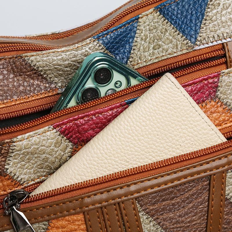 New Chinese Mother Messenger Bag Splicing Contrasting Colors Fashionable Retro Multi-compartment Large-capacity Commuter Shoulder Bag