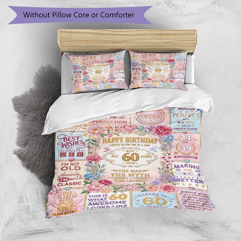 Happy 60th Birthday Celebration 3‑Piece Bedding Set,Soft Breathable Duvet Cover with 23 Pillowcases,Multi‑Scene for Bedroom Dorm,Perfect Holiday Birth