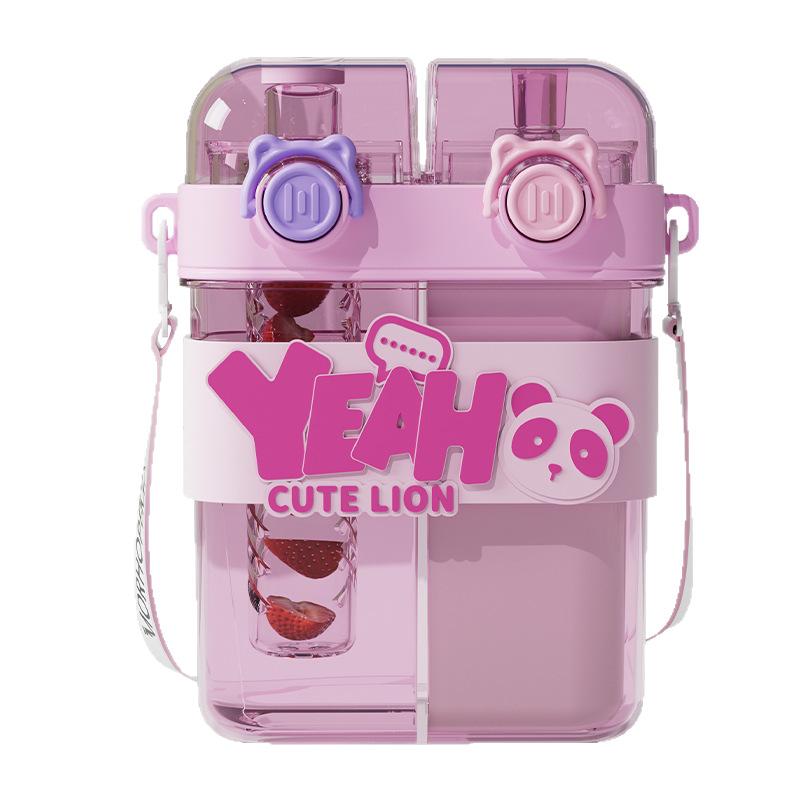Grid Large-capacity Double Drinking Cup Children's Water Cup Student with Straw Drinking Cup Cartoon High-value Outdoor Portable Cup