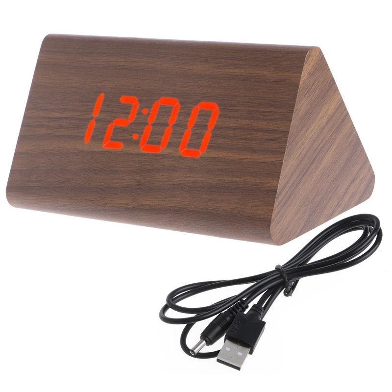 Sleek Wooden Voice Control Led Display Alarm Digital Triangular Desk Clock Thermometer