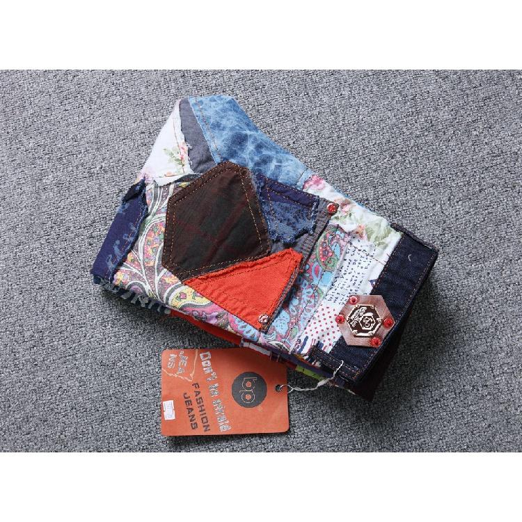 European And American Style New Trend Brand Straight Tube Slim Fit Denim Pants With Holes, Multi Colored Fabric Splicing, Washed Denim Pants