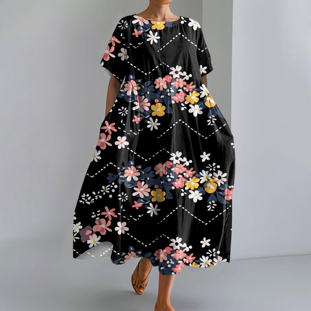 Women's Fashionable Print Round Neck Short Sleeved Loose Hem Pocket Dress