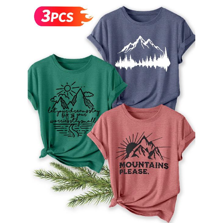 Three-piece set Mountain scenery text print pattern short-sleeve vintage round neck T Fresh and natural style loose-fitting shirt 2026 Elegant spring