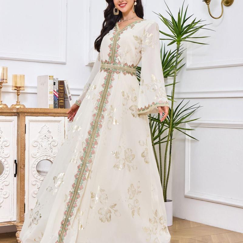 Ближневосточный мусульманский халат, женское новое кружевное модное белое платье с горячей штамповкой и вышивкой