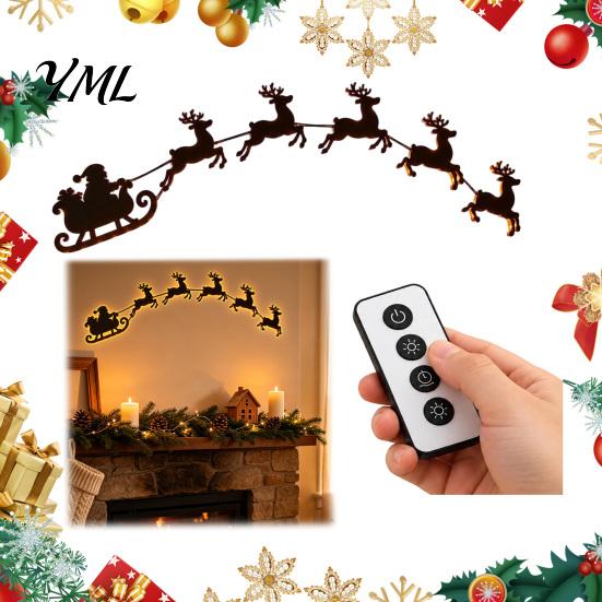 Decorative Wooden Holiday Sign Lighted Santa Sleigh Reindeer Christmas Wall Decor with Remote, 3D Light Up Wood Peel Festive Living Room Art And Stick