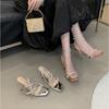 2025 Summer Fairy Wind Square Head Silver Rhinestone Thin Strap Stiletto Sandals Fashion French Word Strap High Heel Women