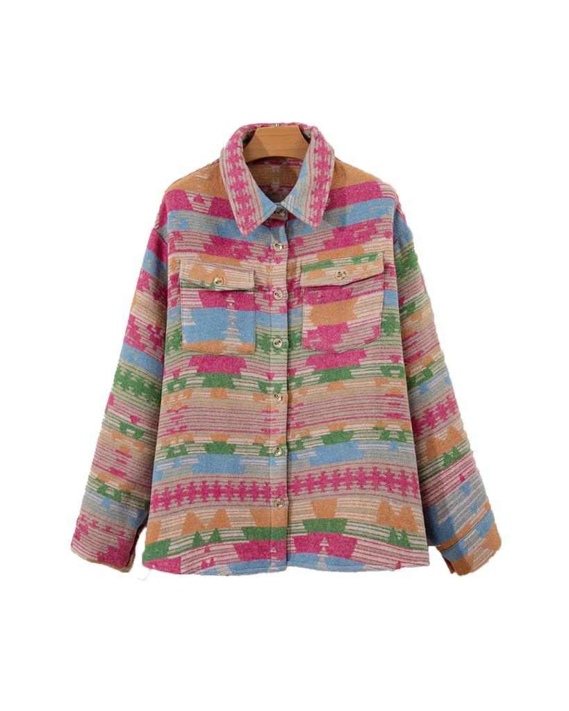 Azura Exchange Pink Plus Size Aztec Printed Flap Pocket Shacket