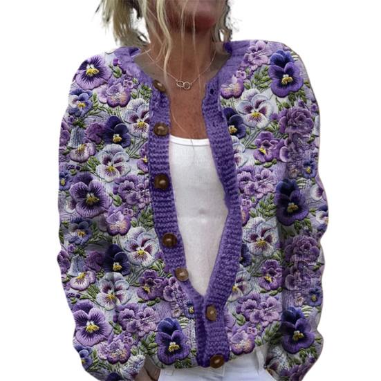 Women Sweater Cardigan Round Neck Long Sleeve 3D Flower Pattern Button Up Knit