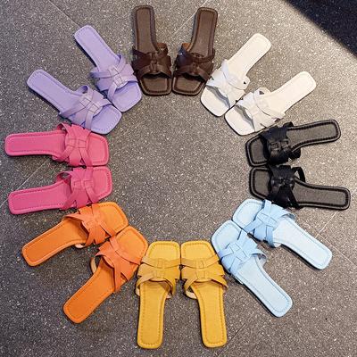 Тканые сандалии, женские большие повседневные пляжные женские тапочки с плоской подошвой и квадратной головкой