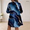 Women Plus Size V Neck Long Sleeve Printed Dress Teal Dark Blue Gold Loose Fit Curved Hem