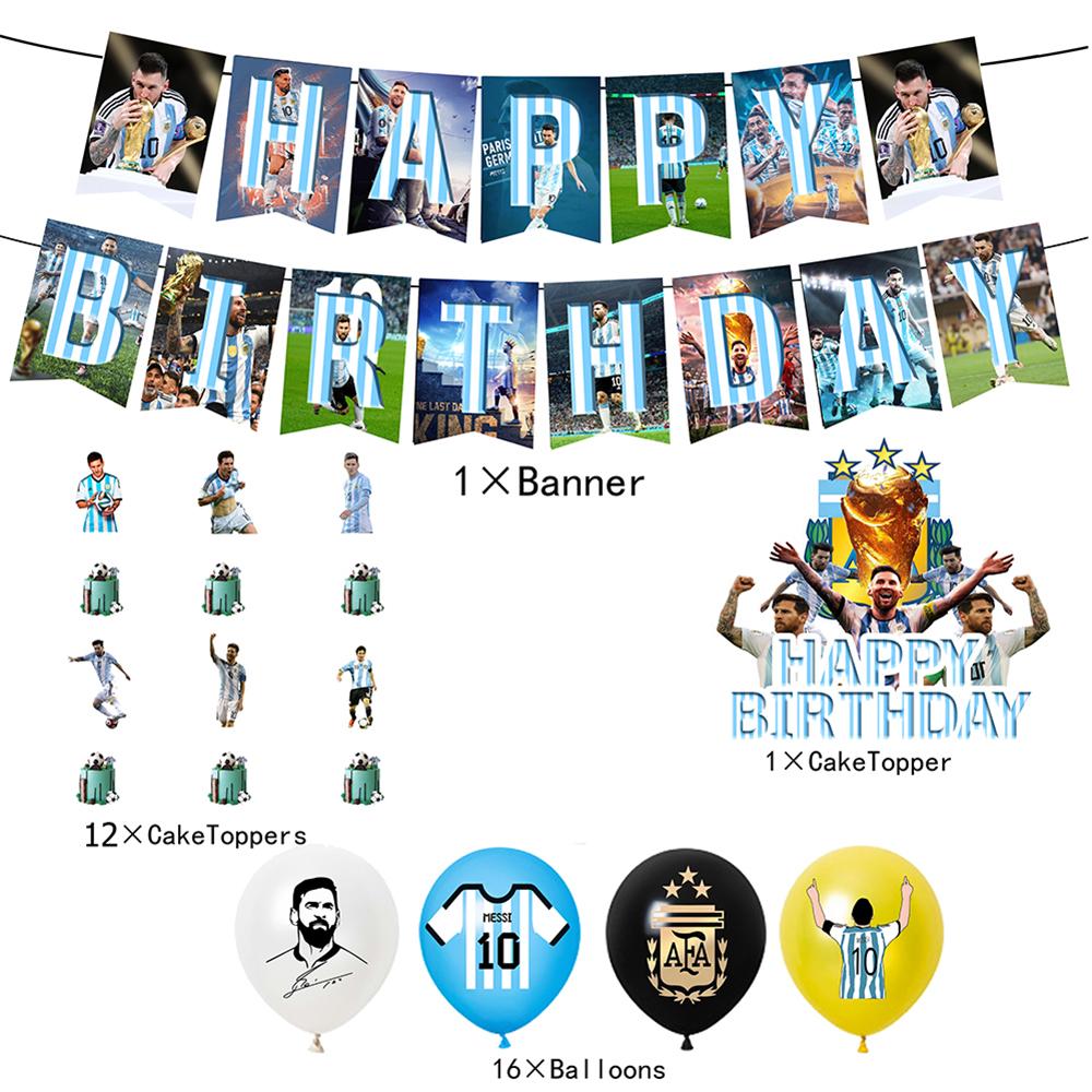 30 шт. товаров для вечеринок Месси включают баннер, топперы для торта и воздушные шары.