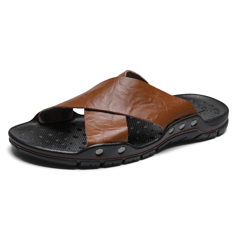 Модная мужская обувь Мужские кожаные шлепанцы Удобная летняя повседневная обувь для мужчин Нескользящая подошва Тапочки Легкие Пляжные Полушлепанцы