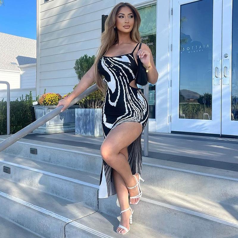 Горячая Распродажа Женская Одежда 2025 Осень Новые Товары Печатный Сексуальный Холтер Полый Разрез Подтяжки Платье