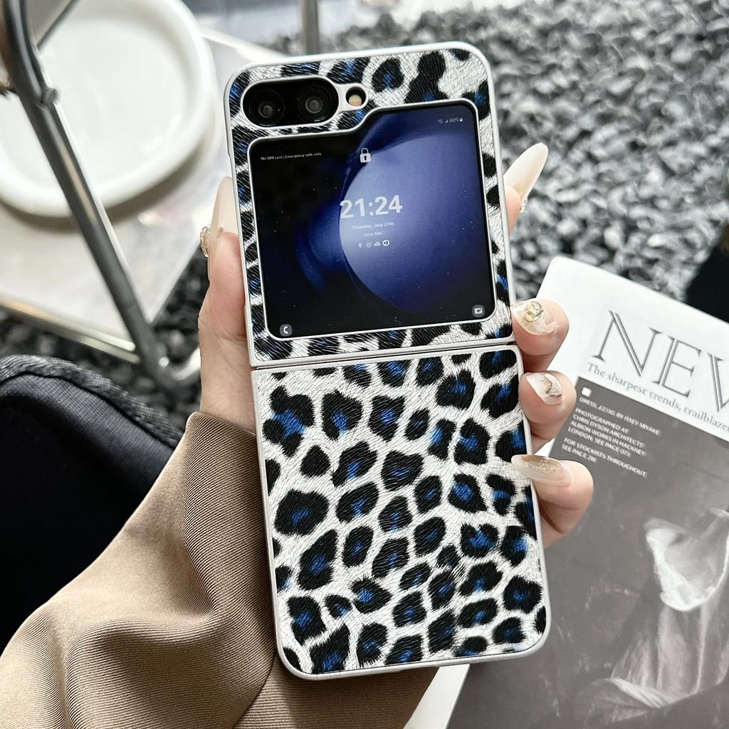 Silver Border Leopard Print Phone Case for Samsung Galaxy Z Flip 7 6 5 4 3 PU Leather Protective Cover