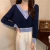 Поддельная рубашка из двух частей с V-образным вырезом контрастного цвета, трикотажная нижняя часть, весеннее и осеннее пальто с узким свитером для невысоких женщин, короткий топ
