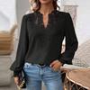 Women Short V-Neck Half Open Collar Lace Stitching Long-Sleeved Shirt Solid Color Loose Fit Pullover