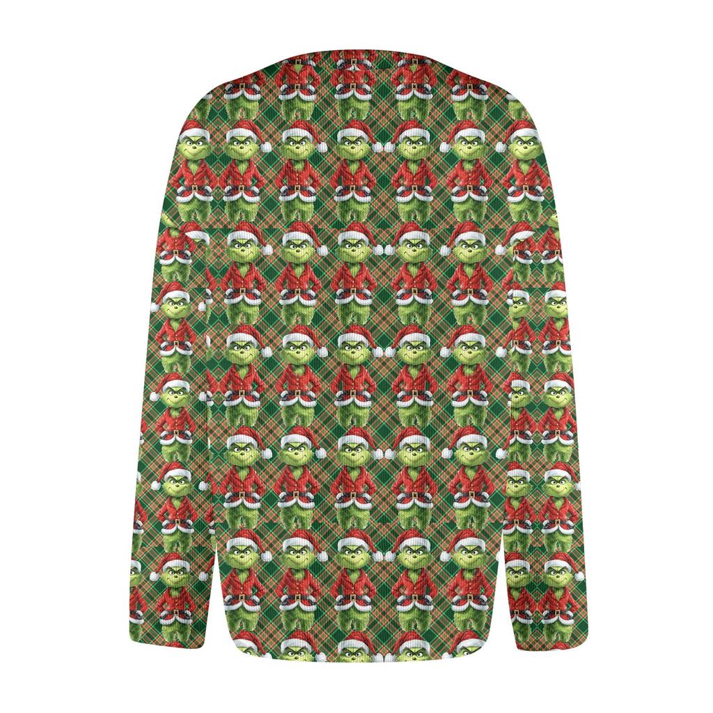 Women's Fashion Casual Knit Sweater Button-Up Christmas Print Cardigan Jacket