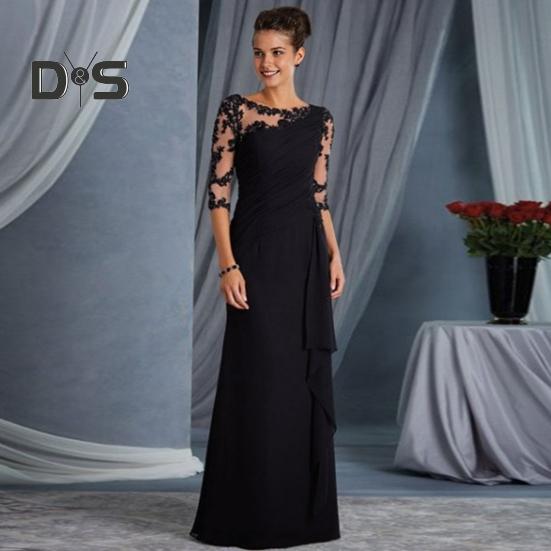 Women Evening Dress See-through Mesh Patchwork Half Sleeves Slim Fit Floral Embroidery Ruffle Pleated Full Length Prom Party Maxi Dress