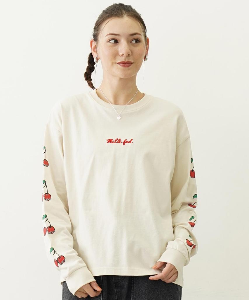 Milkfed Casual Side Cherries Wide Long Sleeve Tee in Off White Women's