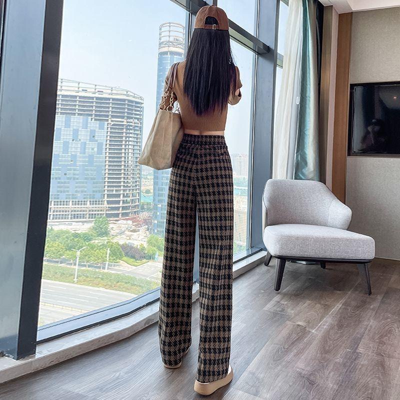 European and American Style Plaid Loose Wide-Leg Pants for Women - Autumn/Winter Collection
