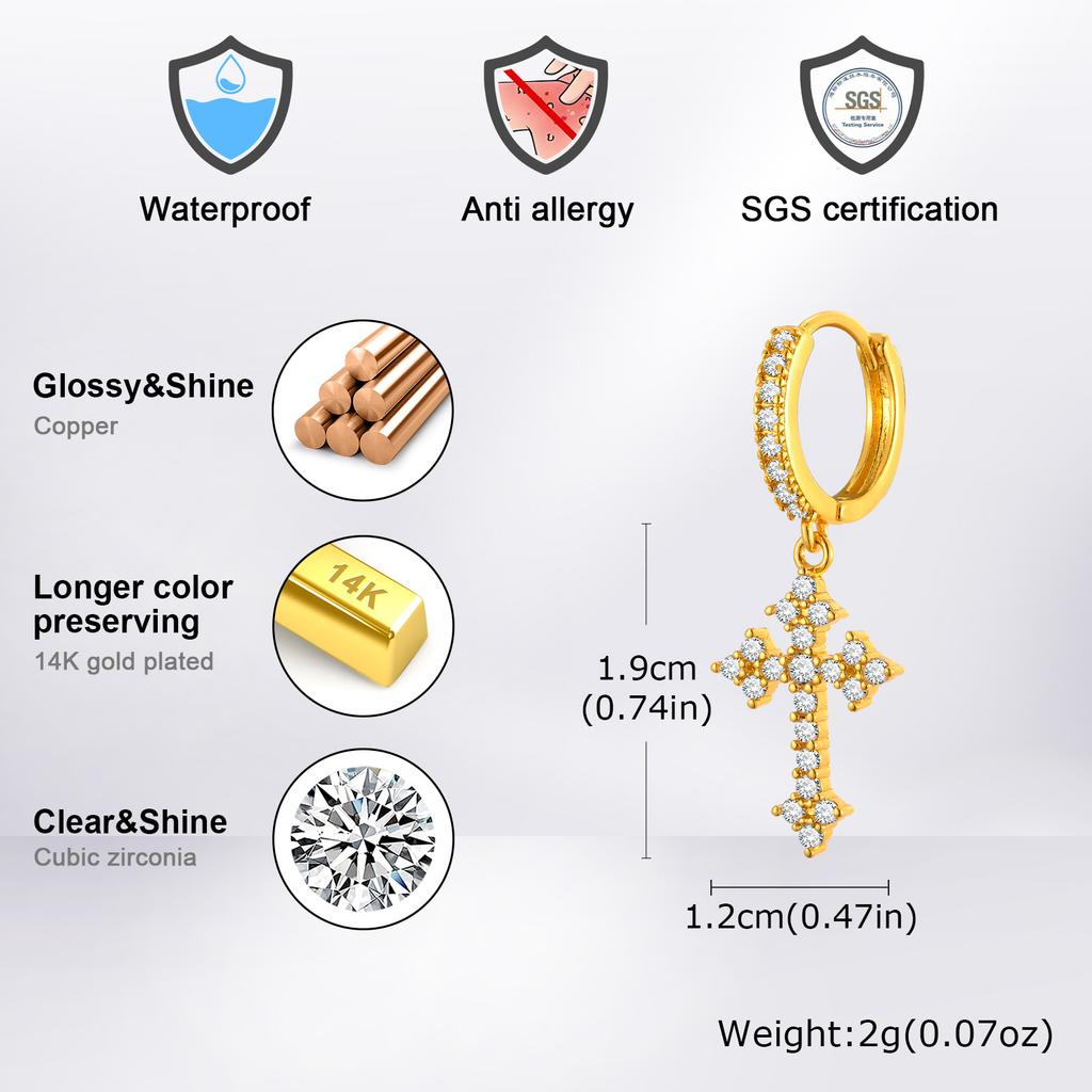 Vnox Готские Серьги-Кольца с Крестом для Мужчин Женщин, Панк-Украшения с Камнями Циркония, Унисекс Хип-Хоп Рок Серьги-Подвески Подарок на День Святого Валентина
