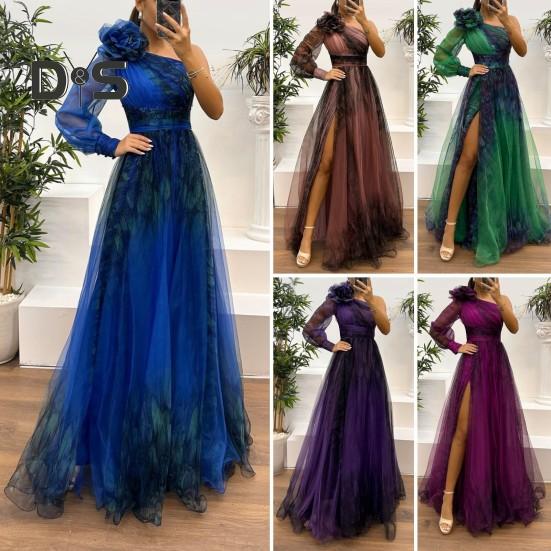 Женское вечернее платье с 3D-цветочным декором на одно плечо, плиссированное, сетчатое, банкетное платье, одно плечо, длинный рукав, тонкая талия, А-силуэт, длина до пола, разрез, подол, шар