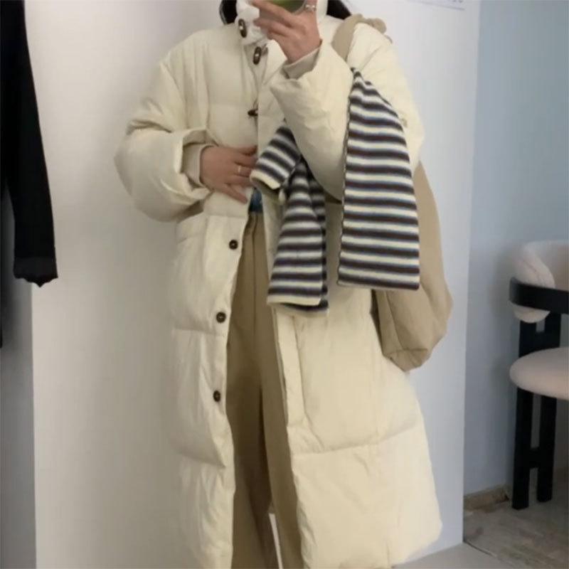 Дизайнерская куртка-пуховик женская длинная 2024 новая корейская версия воротник-стойка высококачественная роговая пряжка пуховик
