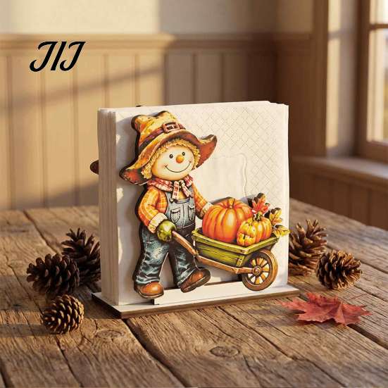 Thanksgiving Dinner Table Accessories Fall Scarecrow Wooden Napkin Holder, Harvest Pumpkin Decorative Stand for Kitchen Dispenser, Farmhouse Tabletop