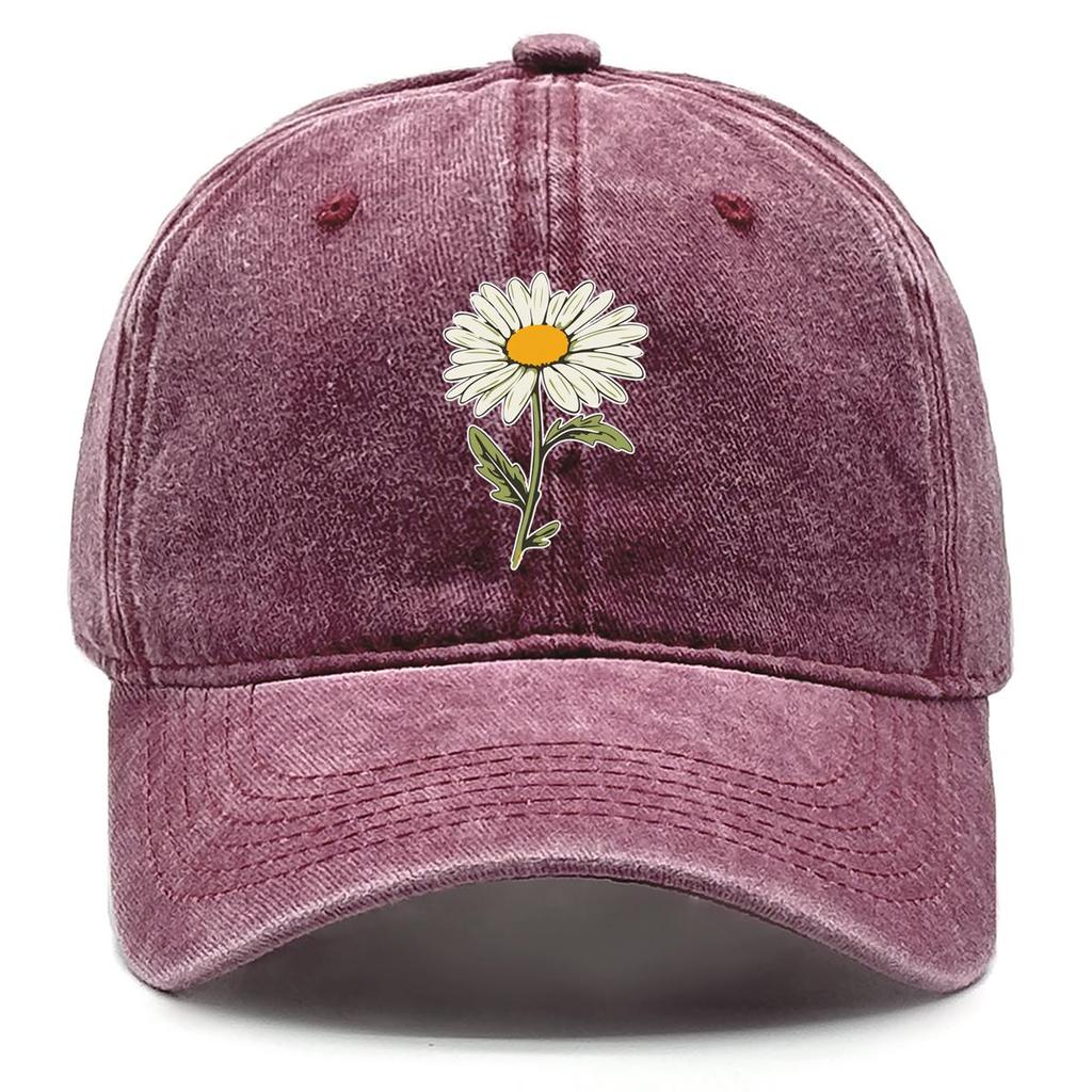 White Daisy Print Adjustable Sun Hat, Flower Sports Hat Cotton Inelastic Sun Protective Cozy Snapback Baseball Cap