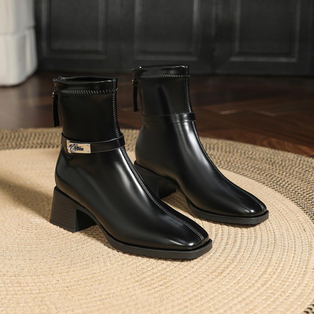 Короткие сапоги на высоком каблуке женские новые осенне-зимние сапоги 2024 года на толстом каблуке женские тонкие модные сапоги средней высоты коричневые французские короткие сапоги