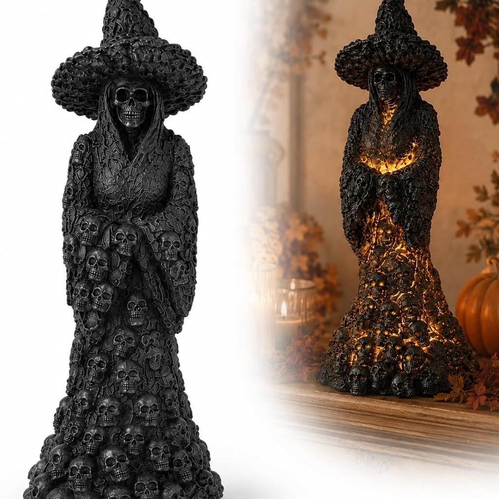 Warm Light Skeleton Witch Ornament Lantern USB Powered Glowing Skull Statue Haunted House Decor Cozy Gothic Room Decor For Halloween Mantel Display