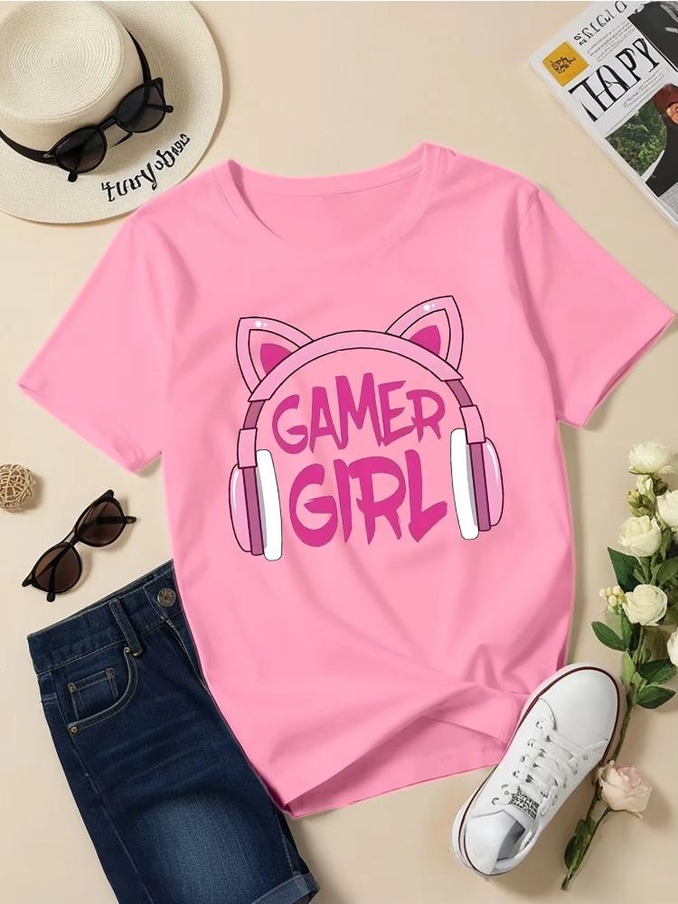 Gamer Girl Creative Printed Sleeve T-Shirt for Girls Stylish Print Casual Children Summer Top Clothing Round Neck Short