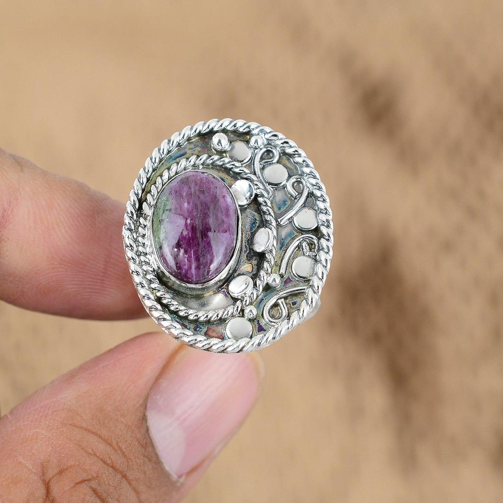 925 Silver Oval Ruby Zoisite Stone Elegant Statement Trendy Promise Mother Ring