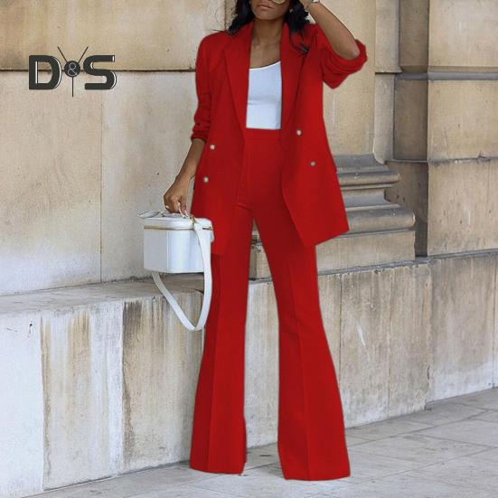 2 шт./компл., женское пальто, комплект брюк, двубортный кардиган средней длины с лацканами, куртка с длинными рукавами, широкие брюки с высокой талией, прямые брюки, женские формальные брюки для поездок на работу