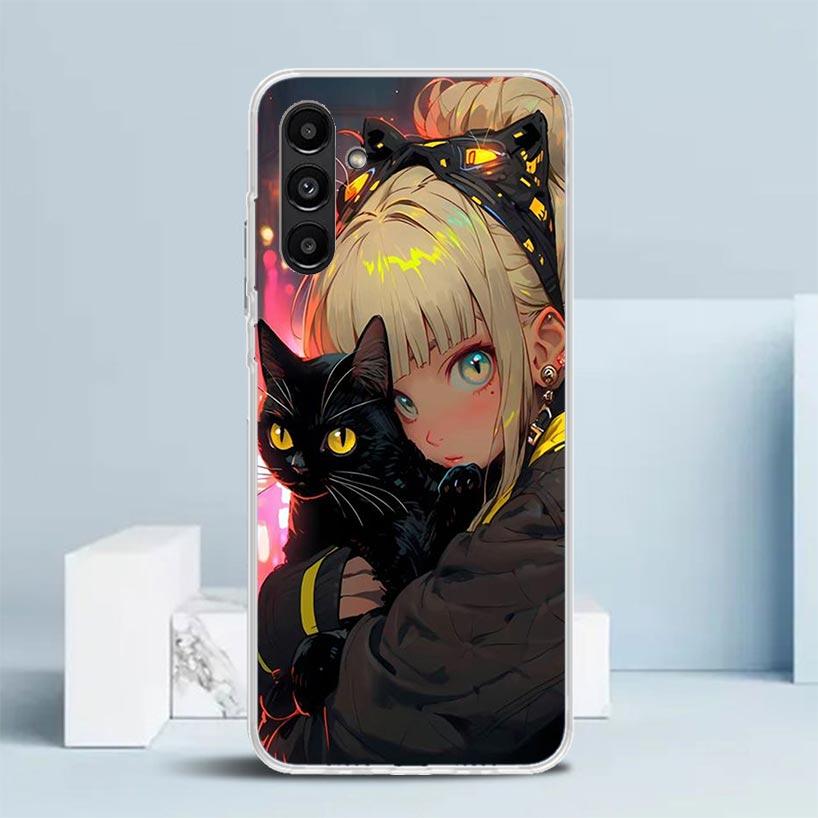 Милый чехол для телефона с черным котенком для девочек из аниме для Samsung Galaxy A17 A37 A57 A16 A15 A14 A13 A56 A55 A54 A53 A36 A35 A34 A33 A26 A25 A24