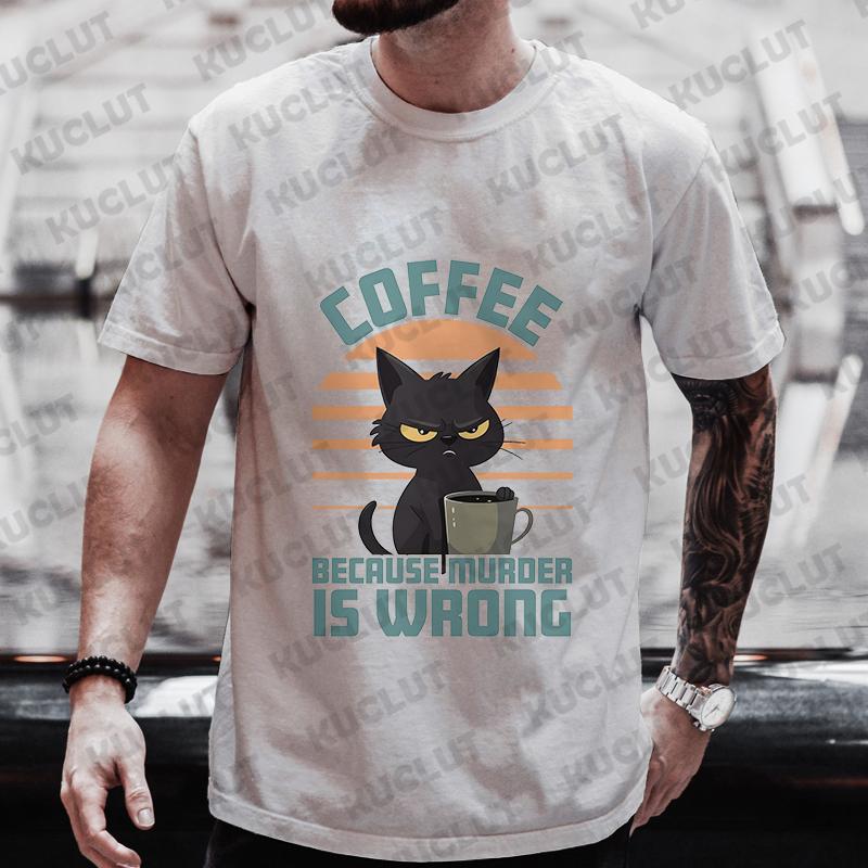 Мужская уличная одежда Cat Lover Funny Coffee Because Murder Print Футболка с коротким рукавом и круглым вырезом Уличная летняя футболка