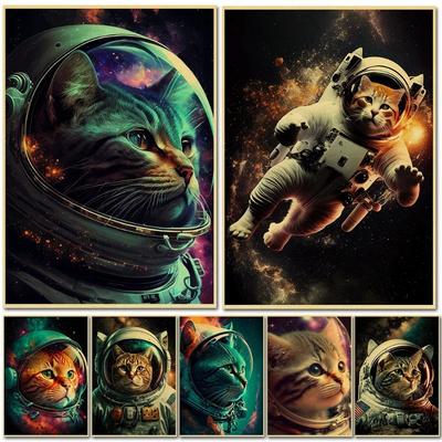 Кот-астронавт Смешной постер Винтажная настенная графика Печать и постеры Главная Гостиная Спальня Декор Арт-бар Кафе Безрамная настенная живопись