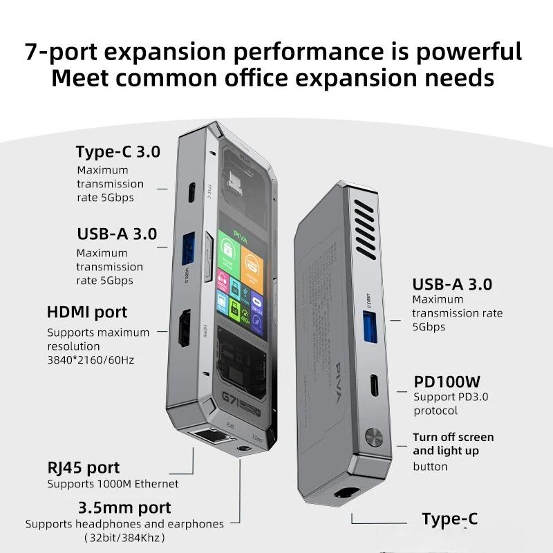 PIVA G71 7 in 1 USB C HUB Smart Screen Display Aluminum Docking Station Type-C to HDMI 2.0 USB 3.0 PD 100W Adapter for Laptop